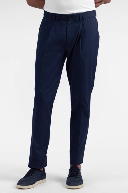 Perona_Blue 97 % Cotton 3% Elastane Plain Miles Straight Fit Trouser  _Online_at_Aza_Fashions