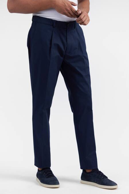 Buy_Perona_Blue 97 % Cotton 3% Elastane Plain Miles Straight Fit Trouser  _Online_at_Aza_Fashions