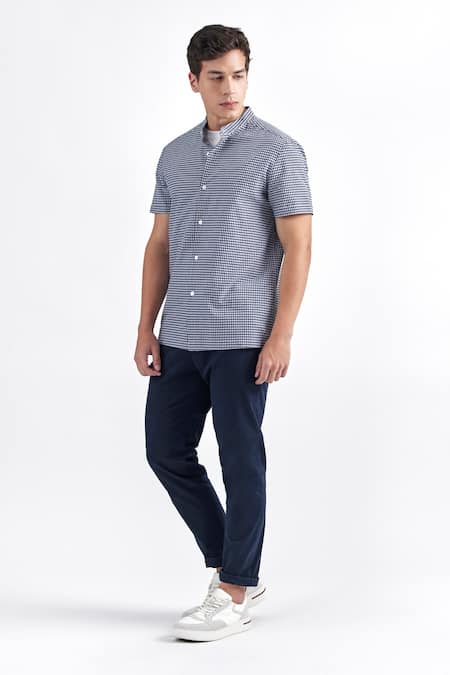 PERONA Blue 100% Cotton Chequered Quaid Pattern Shirt  