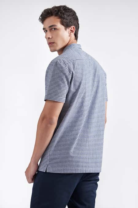 Shop Perona Blue Cotton Quaid Chequered Pattern Shirt at Aza Fashions Shop_Perona_Blue Cotton Quaid Chequered Pattern Shirt _at_Aza_Fashions