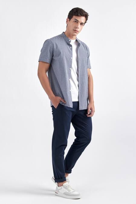 Perona Blue Cotton Quaid Chequered Pattern Shirt Online at Aza Fashions Perona_Blue Cotton Quaid Chequered Pattern Shirt _Online_at_Aza_Fashions