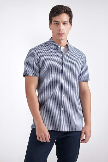 Buy Perona Blue Cotton Quaid Chequered Pattern Shirt Online at Aza Fashions Buy_Perona_Blue Cotton Quaid Chequered Pattern Shirt _Online_at_Aza_Fashions