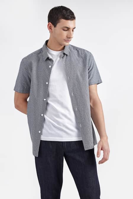 Perona Black Cotton Ricardo Chequered Pattern Shirt Online at Aza Fashions Perona_Black Cotton Ricardo Chequered Pattern Shirt _Online_at_Aza_Fashions