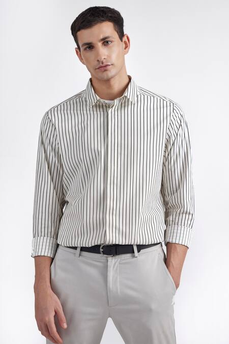 Perona_White Cotton Cornelius Stripe Pattern Shirt _Online_at_Aza_Fashions