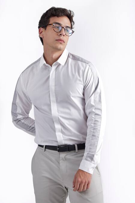 Perona White Cotton Contrast Panel Full Sleeve Shirt Online at Aza Fashions Perona_White Cotton Contrast Panel Full Sleeve Shirt _Online_at_Aza_Fashions