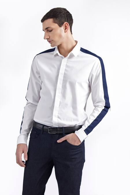 Perona_White Cotton Full Sleeve Contrast Panel Shirt _Online_at_Aza_Fashions