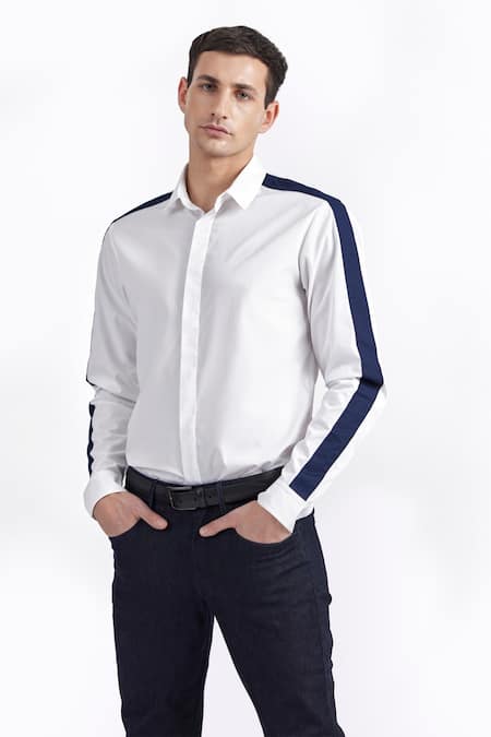 Buy_Perona_White Cotton Full Sleeve Contrast Panel Shirt _Online_at_Aza_Fashions