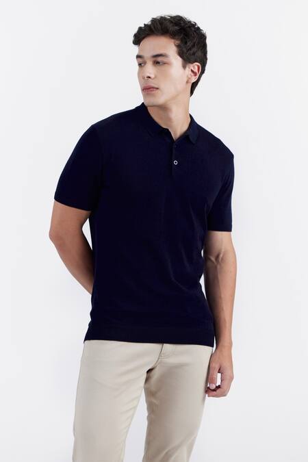 Perona Blue Cotton, Silk And Plain Polo Tee Online at Aza Fashions Perona_Blue Cotton, Silk And Plain Polo Tee _Online_at_Aza_Fashions
