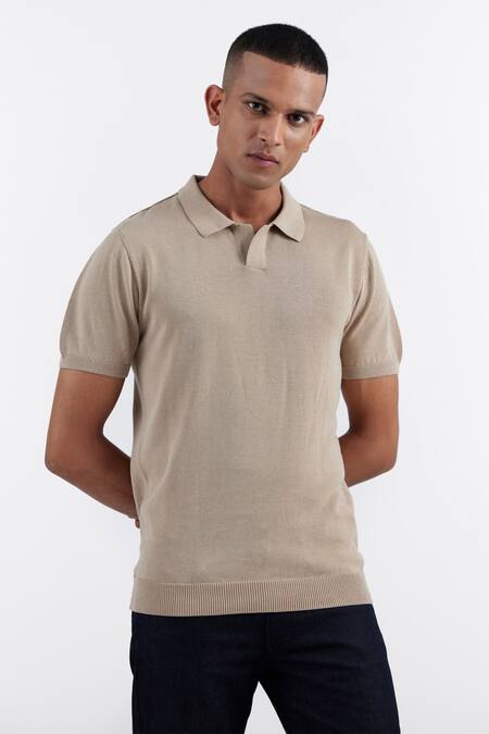 Perona_Beige Cotton, Silk And Polo Neck Tee _Online_at_Aza_Fashions