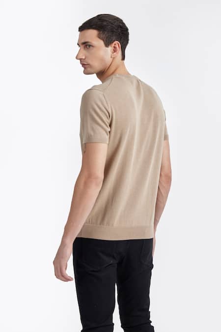 Shop Perona Beige Cotton, Silk And Plain Tee at Aza Fashions Shop_Perona_Beige Cotton, Silk And Plain Tee _at_Aza_Fashions
