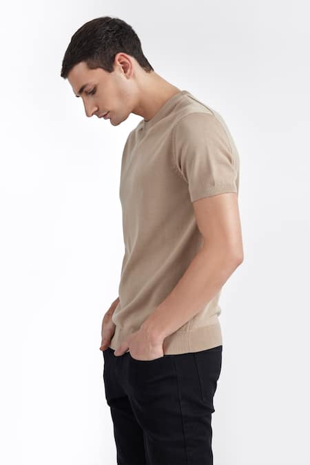 Perona Beige Cotton, Silk And Plain Tee Online at Aza Fashions Perona_Beige Cotton, Silk And Plain Tee _Online_at_Aza_Fashions