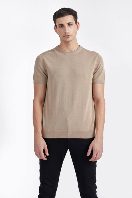 Buy Perona Beige Cotton, Silk And Plain Tee Online at Aza Fashions Buy_Perona_Beige Cotton, Silk And Plain Tee _Online_at_Aza_Fashions