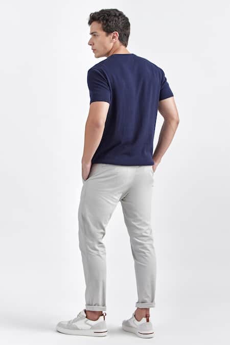 Shop Perona Blue Cotton, Silk And Short Sleeve Tee at Aza Fashions Shop_Perona_Blue Cotton, Silk And Short Sleeve Tee _at_Aza_Fashions