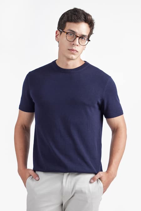 Perona Blue Cotton, Silk And Short Sleeve Tee Online at Aza Fashions Perona_Blue Cotton, Silk And Short Sleeve Tee _Online_at_Aza_Fashions