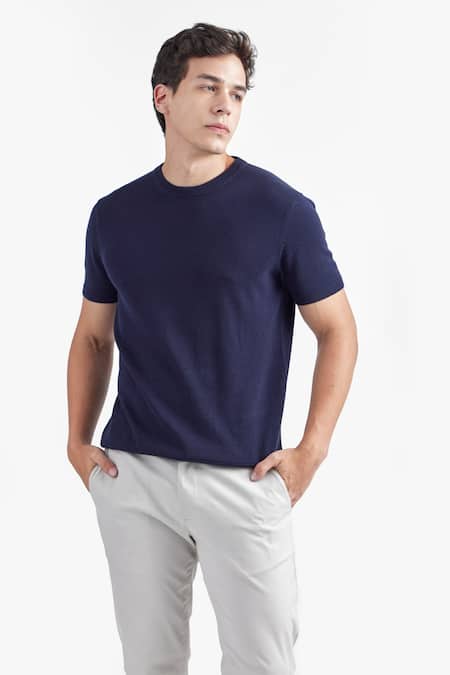 Buy Perona Blue Cotton, Silk And Short Sleeve Tee Online at Aza Fashions Buy_Perona_Blue Cotton, Silk And Short Sleeve Tee _Online_at_Aza_Fashions