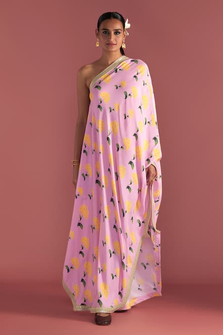 Masaba Pink Kaftan- Crepe Silk Digital Printed Mist One Shoulder Honeycomb