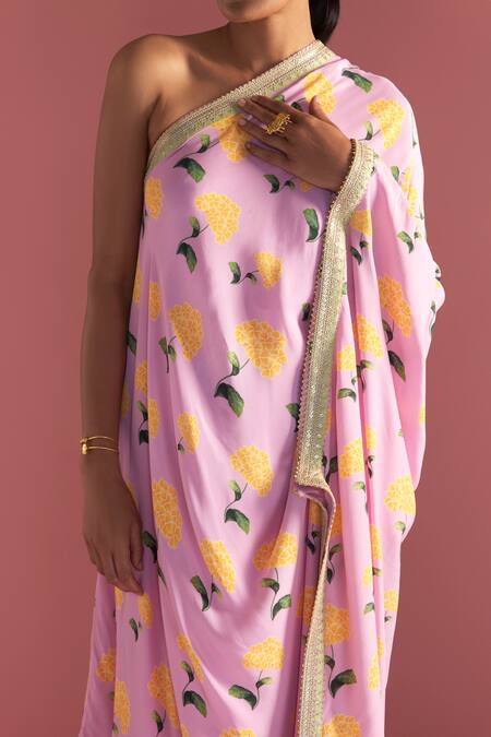 Buy_Masaba_Pink Crepe, Silk One Shoulder Honeycomb Print Kaftan_Online_at_Aza_Fashions