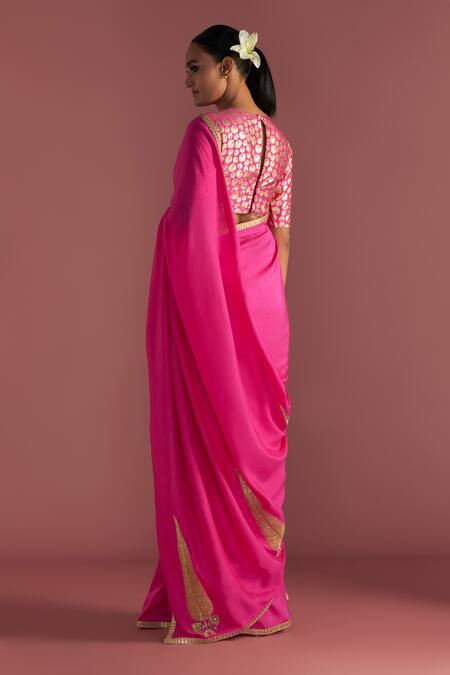 Shop Masaba Magenta Silk Gota Patti, Embroidery Paan Motif Saree With Printed Blouse Piece at Aza Fashions Shop_Masaba_Magenta Silk Gota Patti, Embroidery Paan Motif Saree With Printed Blouse Piece_at_Aza_Fashions