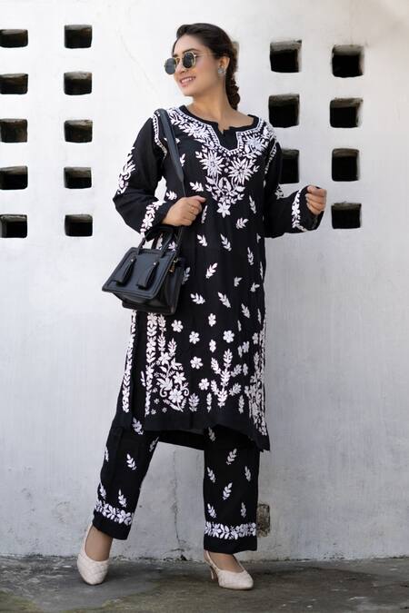 Shop_House Of Chikankari_Black Modal Hand Embroidered Bushra Straight Kurta And Pant Set _Online_at_Aza_Fashions