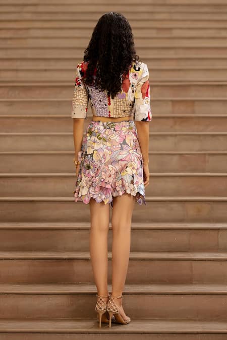 Shop_AK-OK_Multi Color Cotton Embroidered Applique Floral Skirt  _at_Aza_Fashions