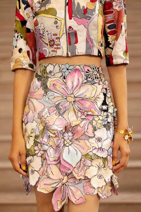 AK-OK_Multi Color Cotton Embroidered Applique Floral Skirt  _Online_at_Aza_Fashions