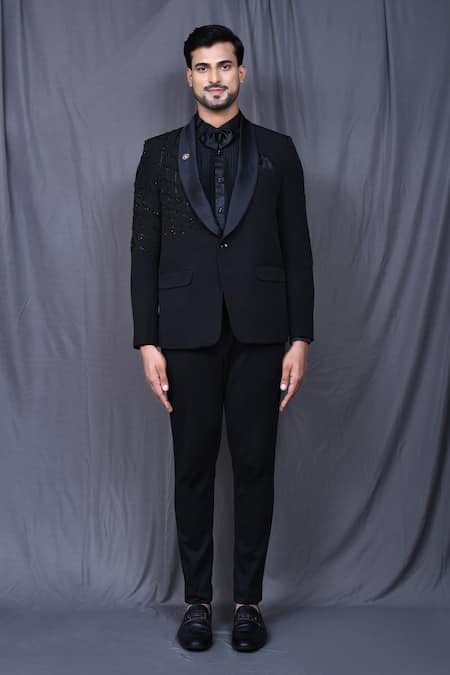 Arihant Rai Sinha_Black Satin, Rayon, Terrycloth Embroidery Hand Work Coat With Pant Set _at_Aza_Fashions