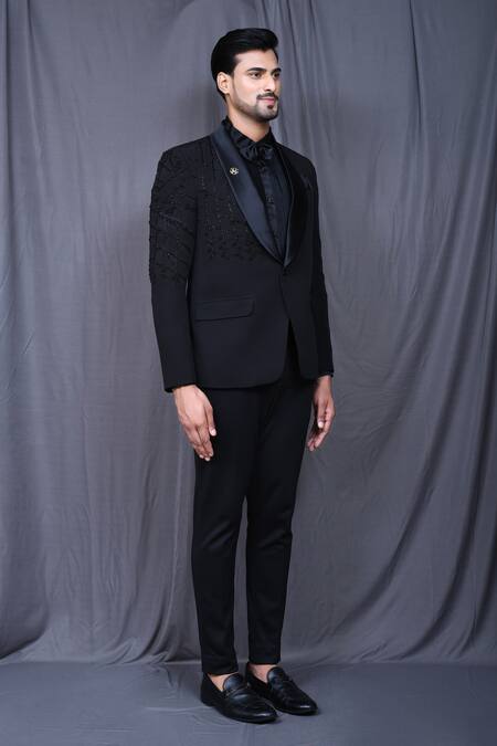 Buy_Arihant Rai Sinha_Black Satin, Rayon, Terrycloth Embroidery Hand Work Coat With Pant Set 