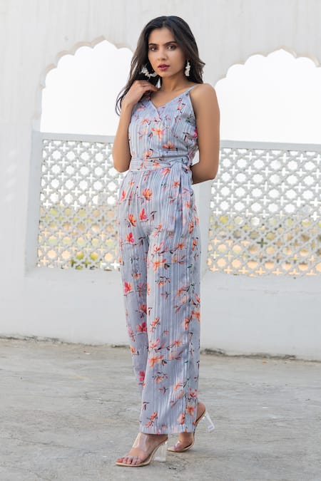 Buy Grey Satin Georgette Printed Floral V Neck Jumpsuit With Belt For Women  by Kohsh Online at Aza Fashions.