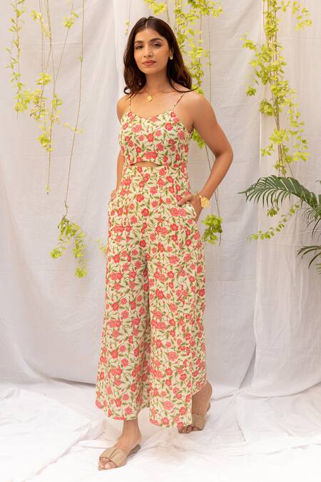 Buy Cream Cotton Printed Floral V Neck Jumpsuit For Women by Kohsh