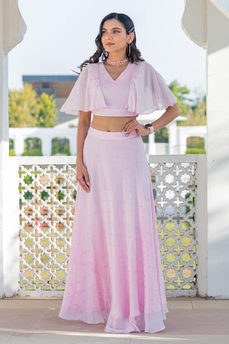Kohsh_Pink Chiffon Mirrors V-neck Work Crop Top With Skirt _Online_at_Aza_Fashions