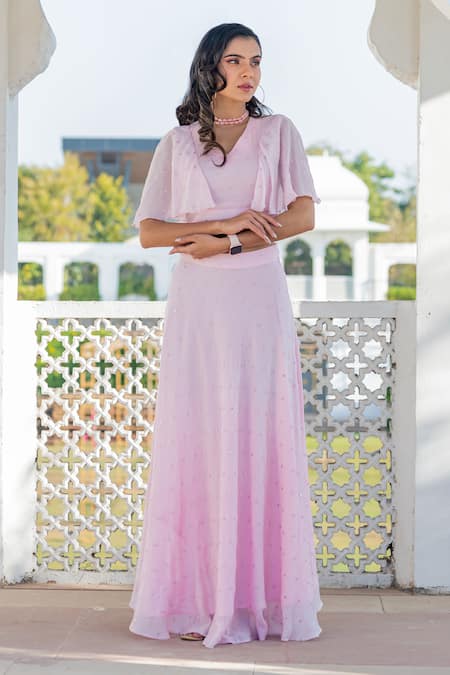 Buy_Kohsh_Pink Chiffon Mirrors V-neck Work Crop Top With Skirt _Online_at_Aza_Fashions