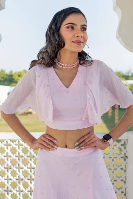Shop_Kohsh_Pink Chiffon Mirrors V-neck Work Crop Top With Skirt _Online_at_Aza_Fashions