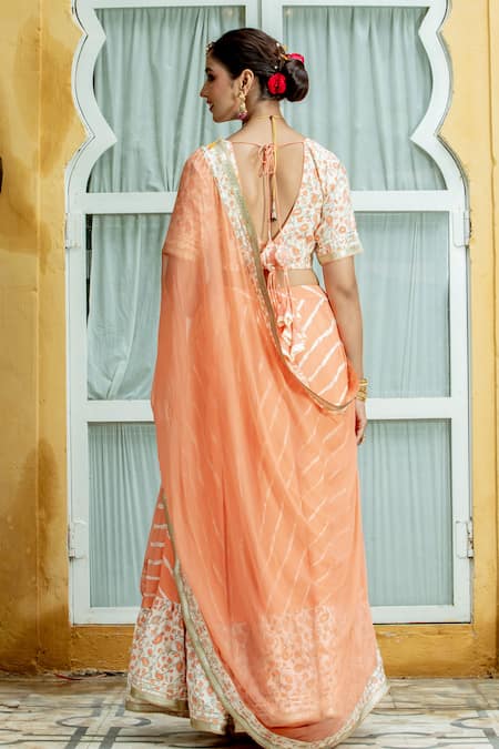 Shop_Kohsh_Peach Muslin Gota Patti, Embroidery Round Leheriya Pattern Lehenga Blouse Set _at_Aza_Fashions