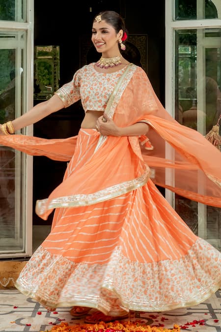 Kohsh_Peach Muslin Gota Patti, Embroidery Round Leheriya Pattern Lehenga Blouse Set _Online_at_Aza_Fashions