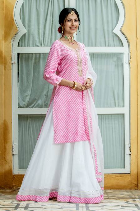 Shop_Kohsh_Pink Cotton Pattern Leheriya Notched V Kurta Lehenga Set_Online_at_Aza_Fashions