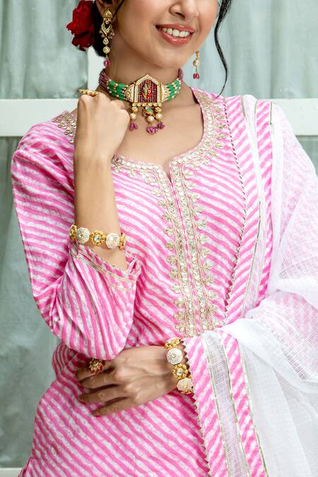 Kohsh_Pink Cotton Pattern Leheriya Notched V Kurta Lehenga Set_at_Aza_Fashions