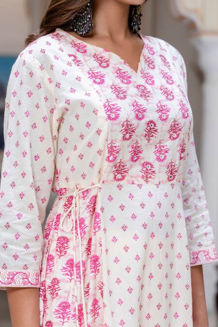 Kohsh Pink Cotton Print Flowery V Neck Anarkali Pant Set at Aza Fashions Kohsh_Pink Cotton Print Flowery V Neck Anarkali Pant Set_at_Aza_Fashions