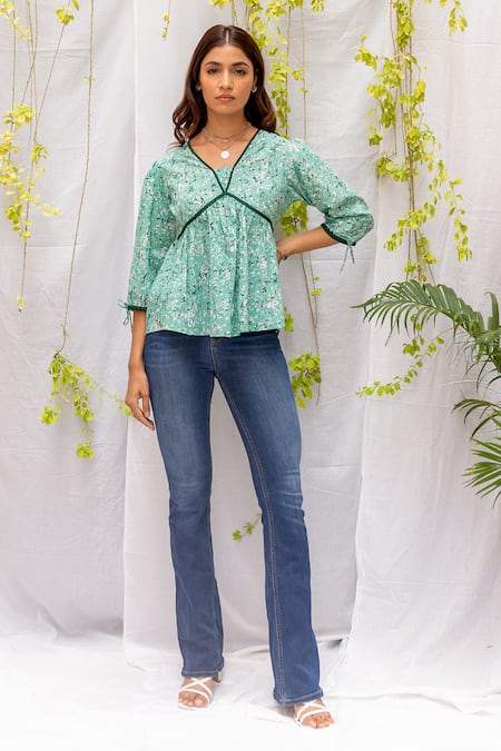 Buy Green Cotton Print Floral Bell V Neck Peplum Top For Women by 