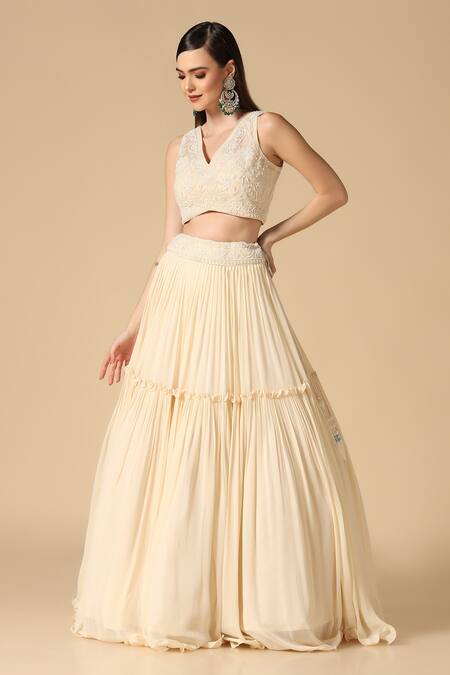 Two Sisters By Gyans_White Net, Georgette Pearls V-neck Pleated Lehenga Set With Embroidered Blouse _Online_at_Aza_Fashions