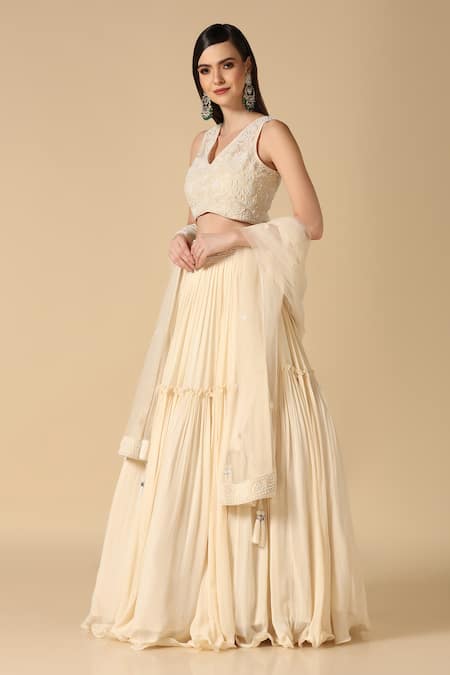 Buy_Two Sisters By Gyans_White Net, Georgette Pearls V-neck Pleated Lehenga Set With Embroidered Blouse _Online_at_Aza_Fashions