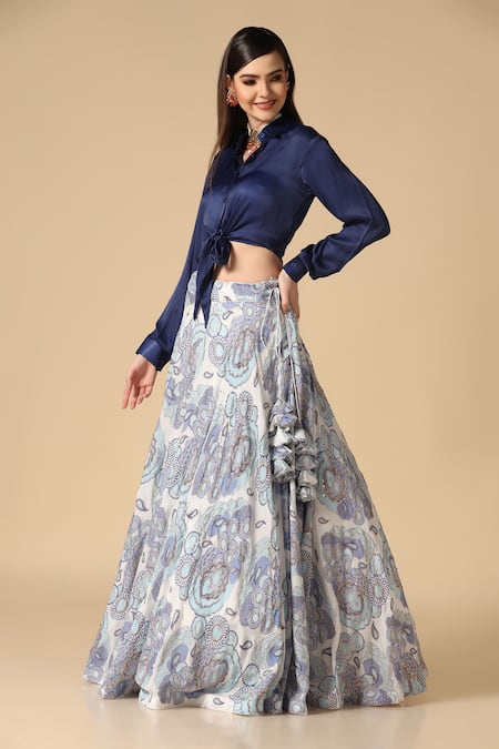 Buy Two Sisters By Gyans Blue Silk Embroidery, Zari Shawl Neck Floral Embellished Lehenga With Shirt Online at Aza Fashions Buy_Two Sisters By Gyans_Blue Silk Embroidery, Zari Shawl Neck Floral Embellished Lehenga With Shirt_Online_at_Aza_Fashions