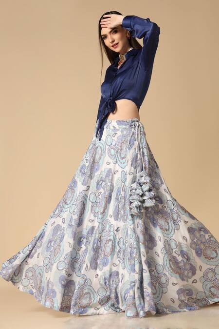Shop_Two Sisters By Gyans_Blue Silk Embroidery, Zari Shawl Neck Floral Embellished Lehenga With Shirt_Online_at_Aza_Fashions