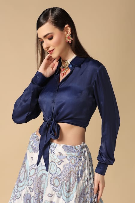 Two Sisters By Gyans_Blue Silk Embroidery, Zari Shawl Neck Floral Embellished Lehenga With Shirt_at_Aza_Fashions