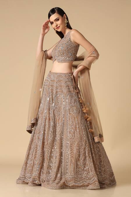 Shop_Two Sisters By Gyans_Gold Net Embroidery, Mirrors Embellished Lehenga Set _Online_at_Aza_Fashions