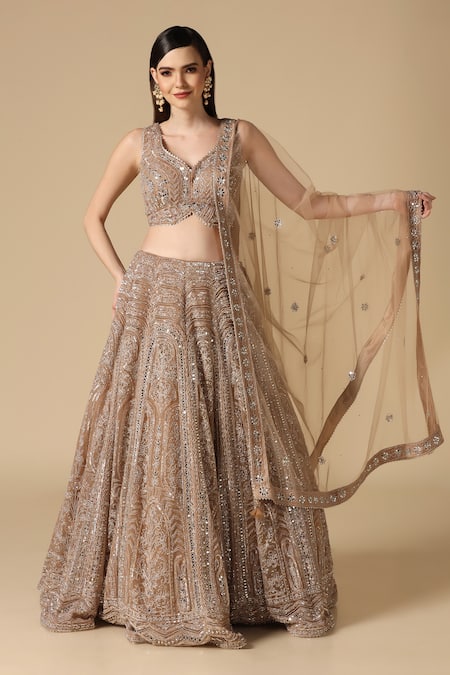 Two Sisters By Gyans_Gold Net Embroidery, Mirrors Embellished Lehenga Set _at_Aza_Fashions