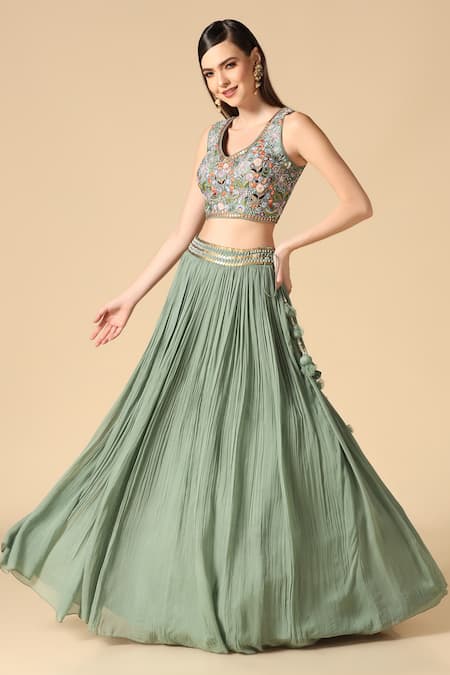 Two Sisters By Gyans_Green Silk, Georgette Embroidery, Sequins V-neck Resham Blouse Lehenga Set _Online_at_Aza_Fashions