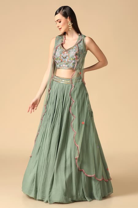Buy_Two Sisters By Gyans_Green Silk, Georgette Embroidery, Sequins V-neck Resham Blouse Lehenga Set _Online_at_Aza_Fashions