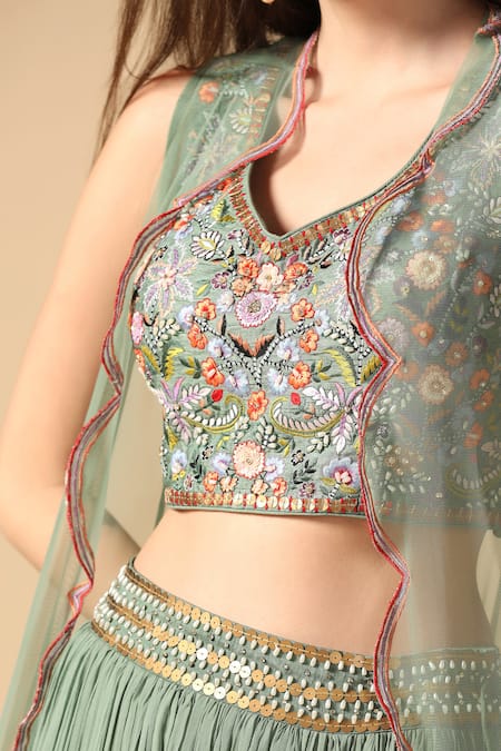 Shop_Two Sisters By Gyans_Green Silk, Georgette Embroidery, Sequins V-neck Resham Blouse Lehenga Set _Online_at_Aza_Fashions