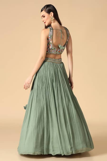 Two Sisters By Gyans_Green Silk, Georgette Embroidery, Sequins V-neck Resham Blouse Lehenga Set _at_Aza_Fashions