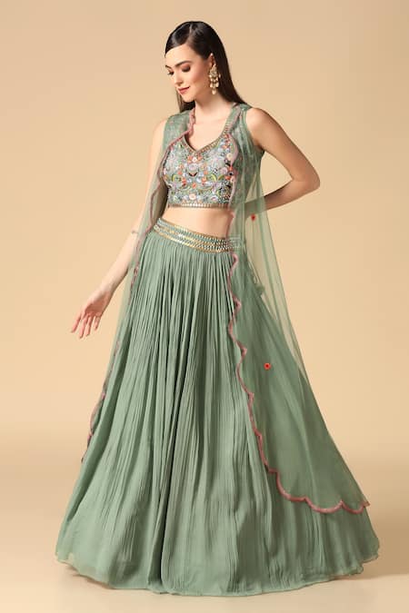 Two Sisters By Gyans Green Lehenga Georgette Embroidered Resham Cape Blouse Set 
